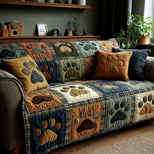 Paw Print Patchwork Sofa Cover, Dog Lover Couch Throw, Cozy Pet Living Room Decor