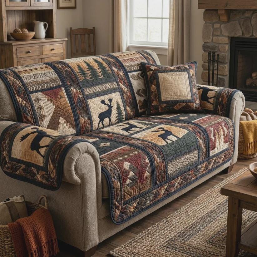 Moose Lodge Sofa Protector, Rustic Woodland Printed Living Room Decor