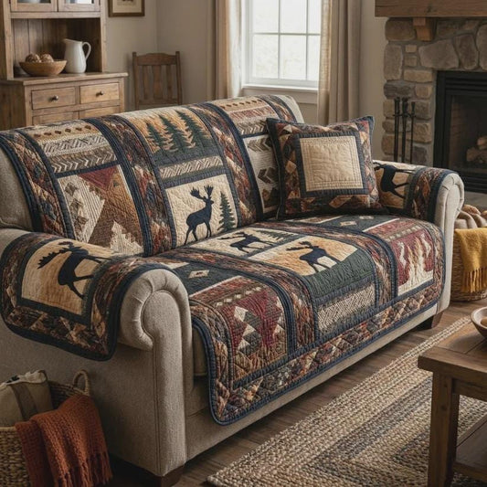 Moose Lodge Sofa Protector, Rustic Woodland Printed Living Room Decor