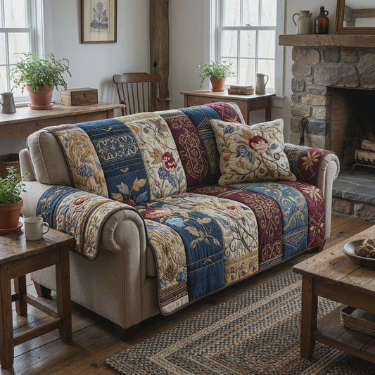 Vintage Patchwork Sofa Protector, Farmhouse Floral Printed Living Room Decor