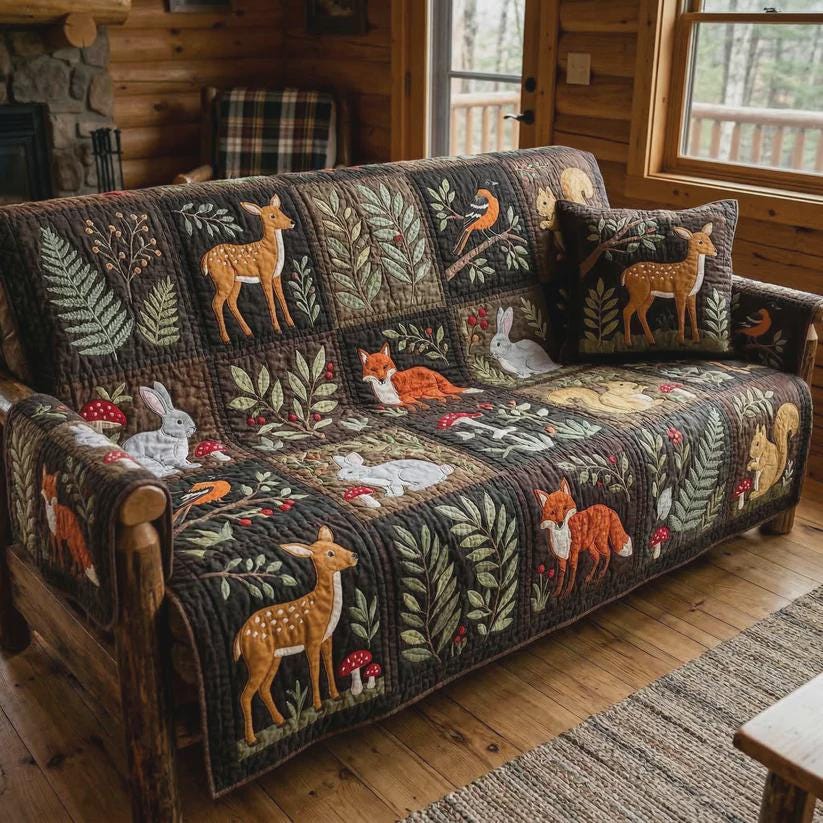 Woodland Animals Sofa Protector, Rustic Forest Printed Living Room Decor