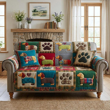 Dachshund Patchwork Sofa Protector, Cozy Dog Printed Living Room Decor