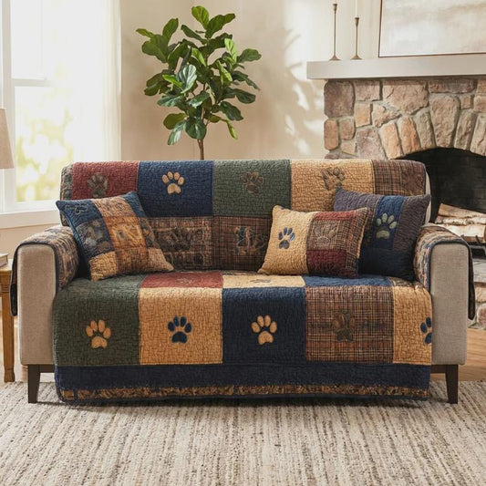 Rustic Paw Patchwork Sofa Cover, Dog Lover Couch Cover Farmhouse Decor