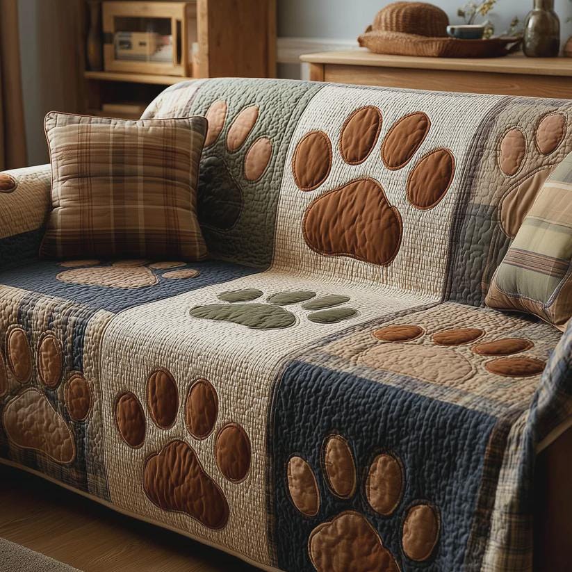 Paw Print Sofa Cover, Plaid Couch Protector, Printed Pet Throw, Farmhouse Living Room Decor